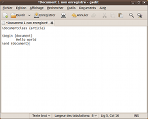 crire le code source du document LaTeX : le fichier HelloWorld.tex